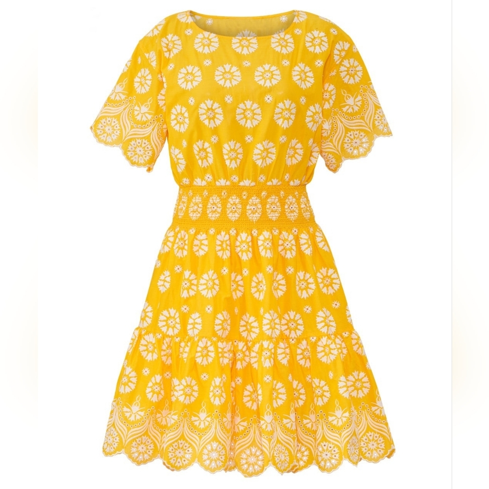 Tory Burch Yellow and White Eyelet Fit-and-Flare Dress